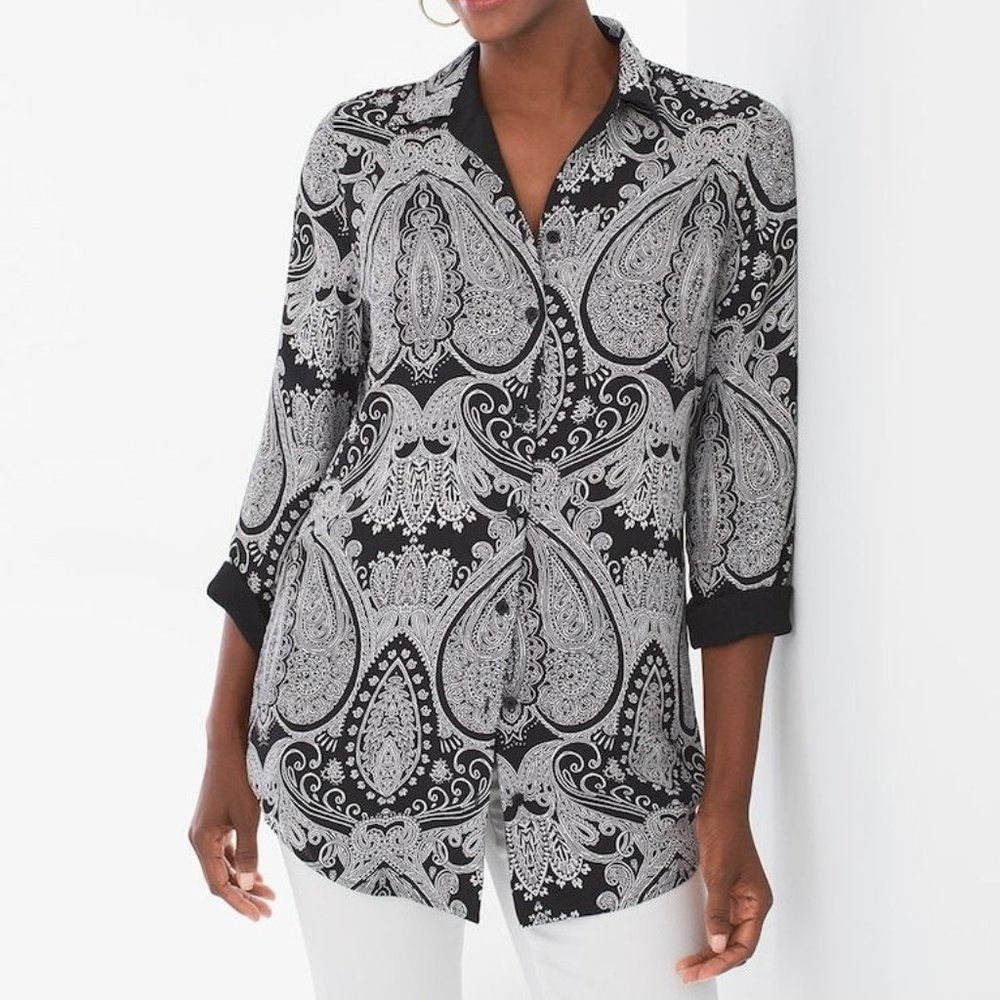 Chico's reversible button-down long sleeve paisley blouse. Sz. 1 (M/8/10)